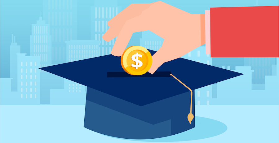 An illustration of a hand dropping a coin into an upside-down graduation cap, symbolizing diverse financial strategies for formerly incarcerated individuals to fund their education journey.