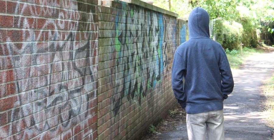 Photo showing a teenage boy / youth wearing a blue hoodie standing beside a brick wall in an overgrown alleyway, in a run-down part of the city.