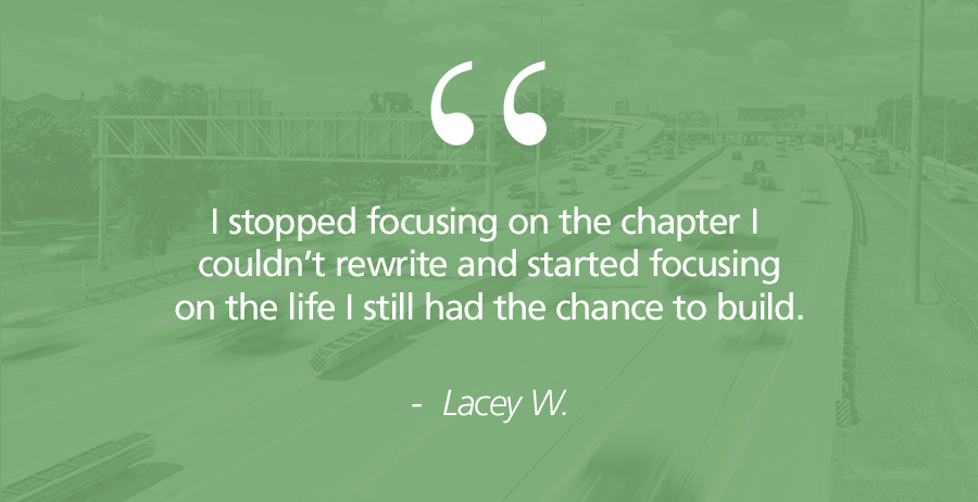 Image of a quote saying "I stopped focusing on the chapter I couldn't write and started focusing on the life I still had the chance to build" - Lacey W.